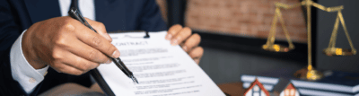 وکیلی که قرارداد و خودکار در دست دارد
