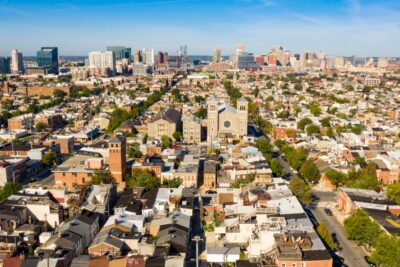 Aerial view of Baltimore City homes and neighborhoods