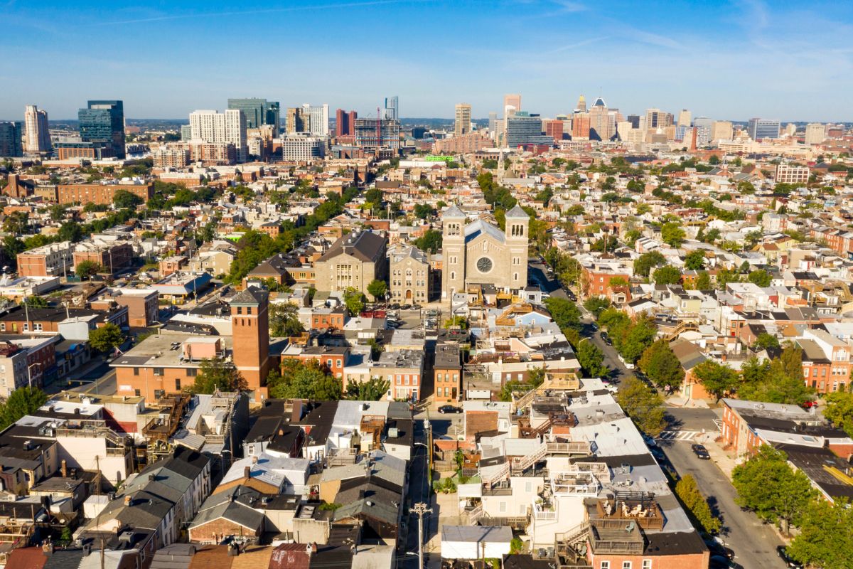 Aerial view of Baltimore City homes and neighborhoods