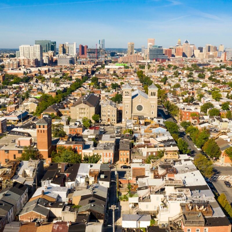Aerial view of Baltimore City homes and neighborhoods