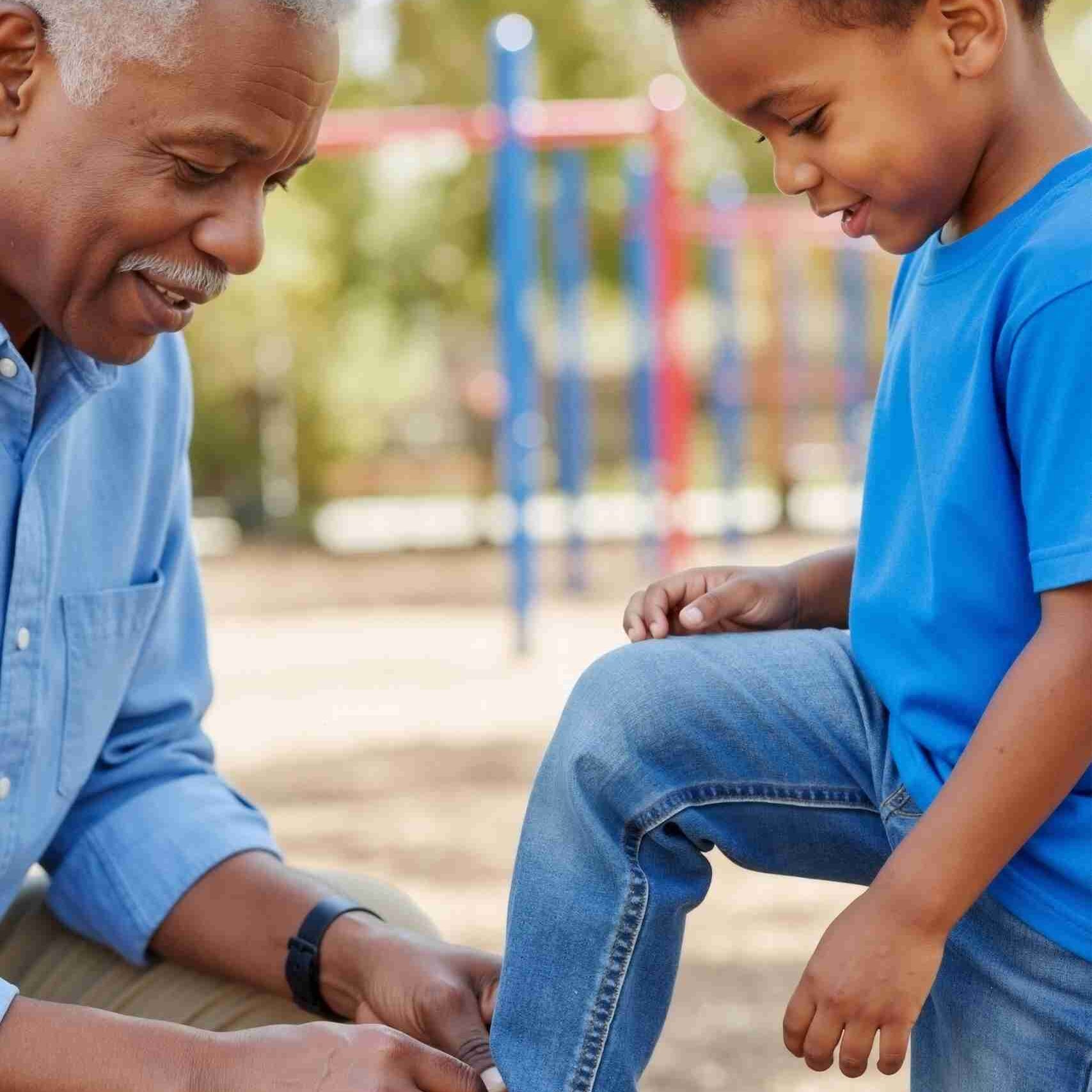 grandfather tying shoe for grandson